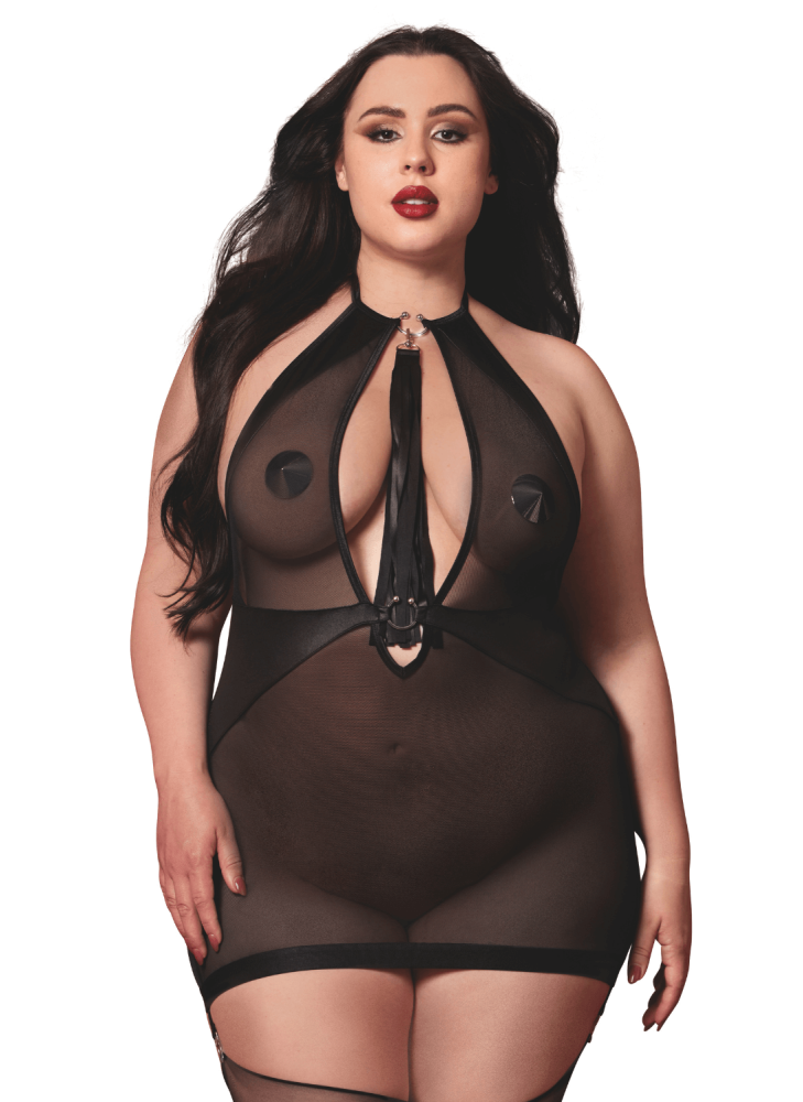 Nuisette grande taille avec porte jarretelles et fouet - DG13704XBLK
